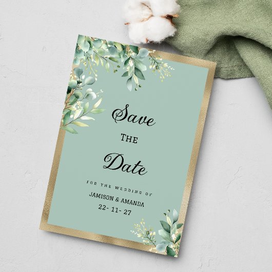 Rustic mint gold eucalyptus leaves Save The Date 招待状