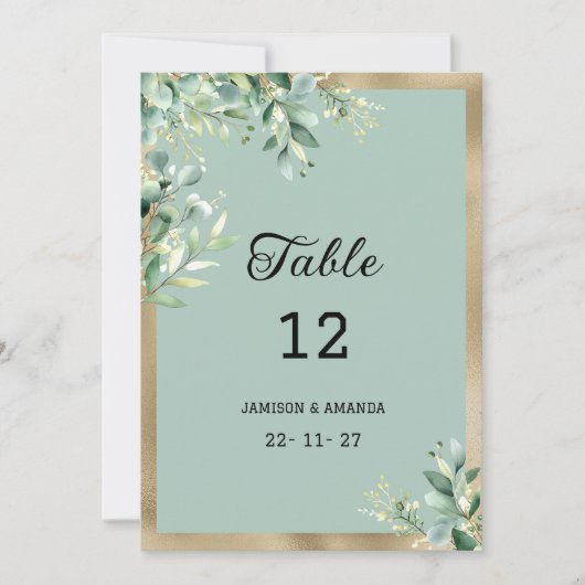 Rustic mint gold eucalyptus leaves Table Numbers 招待状 (正面)
