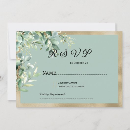 Rustic mint gold eucalyptus olive leaves RSVP 招待状 (正面)