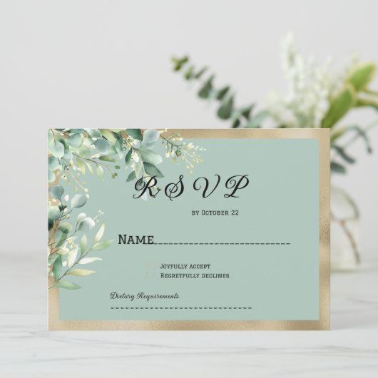 Rustic mint gold eucalyptus olive leaves RSVP 招待状 (スタンド正面)