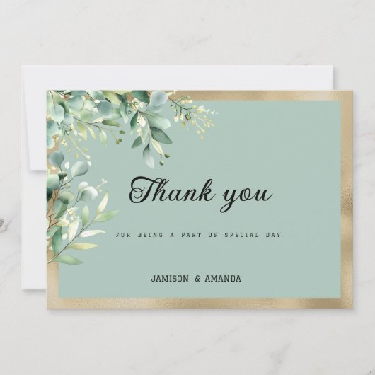 Rustic mint gold eucalyptus olive leaves Thank You 招待状 (正面)