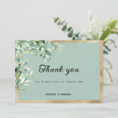 Rustic mint gold eucalyptus olive leaves Thank You 招待状 (スタンド正面)