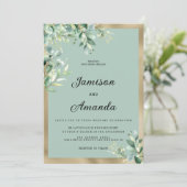 Rustic mint gold eucalyptus olive leaves Wedding 招待状 (スタンド正面)