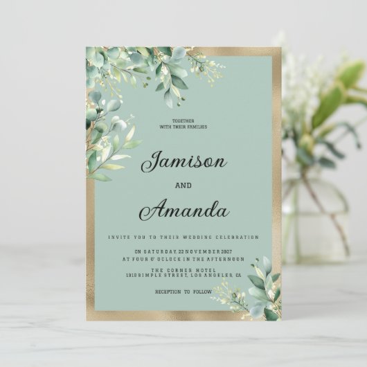 Rustic mint gold eucalyptus olive leaves Wedding 招待状 (スタンド正面)