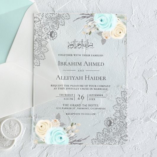 Rustic Mint Green Floral Lace Muslim Wedding アクリル招待状