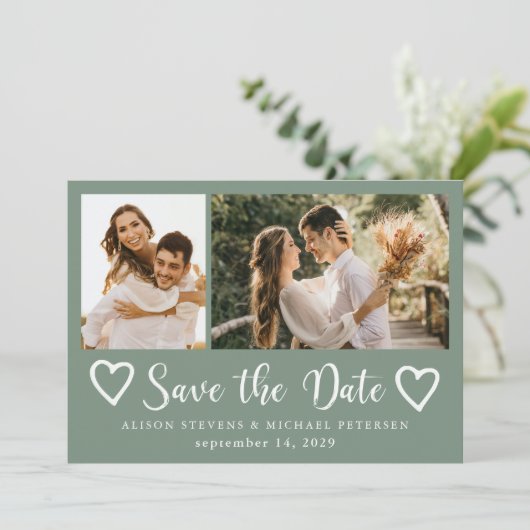 Rustic modern 2 photo sage green wedding セーブザデート (スタンド正面)