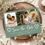 Rustic modern 2 photo sage green wedding  セーブザデート<br><div class="desc">Modern handwritten script doodle hearts rustic sage green save the date wedding with 2 engagement photos.                Suitable for spring summer autumn fall or winter weddings.</div>