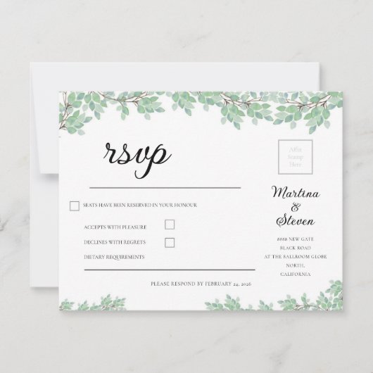 Rustic Modern Eucalyptus Greenery Wedding 出欠カード (正面)