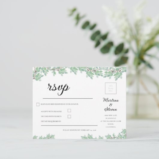 Rustic Modern Eucalyptus Greenery Wedding 出欠カード (スタンド正面)