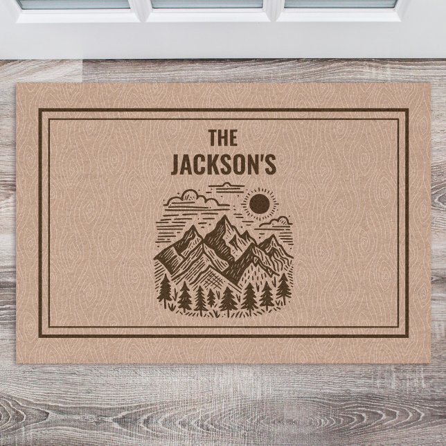 Rustic Modern Mountain Custom ドアマット (Modern Rustic Mountain Hand-drawn Custom Name Doormat)
