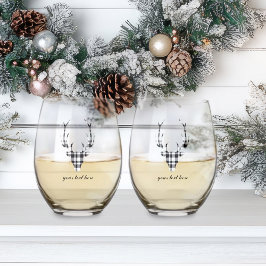 Rustic Modern Plaid Check Deer Stemless Wine Glass ステムなしワイングラス