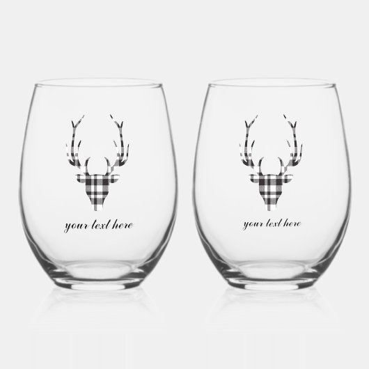 Rustic Modern Plaid Check Deer Stemless Wine Glass ステムなしワイングラス (正面)