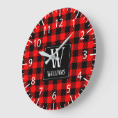 Rustic Modern Red Buffalo Plaid Checkered Monogram ラージ壁時計 (傾斜)