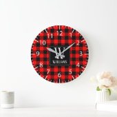Rustic Modern Red Buffalo Plaid Checkered Monogram ラージ壁時計 (ホーム)