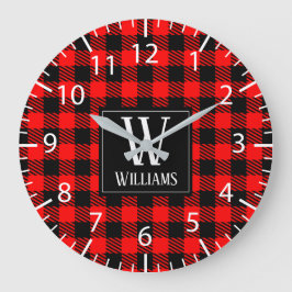 Rustic Modern Red Buffalo Plaid Checkered Monogram ラージ壁時計