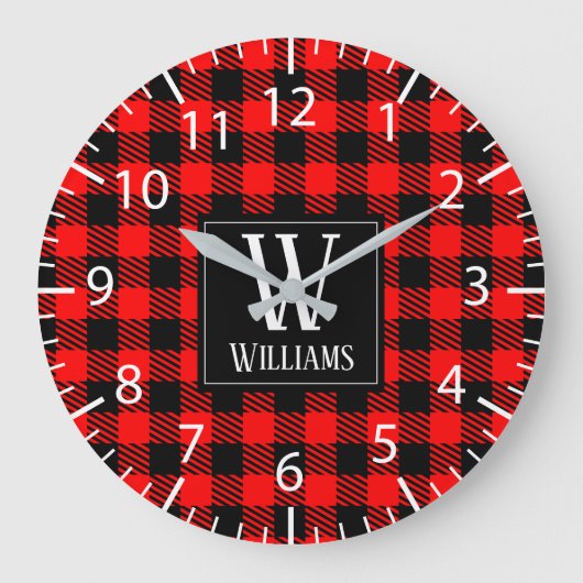 Rustic Modern Red Buffalo Plaid Checkered Monogram ラージ壁時計 (正面)