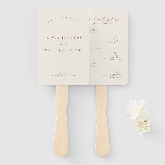 Rustic Modern Script Wedding Program and Timeline ハンドファン (正面&裏面)