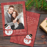 Rustic Modern Snowman Photo Merry Christmas シーズンカード<br><div class="desc">Warm red with pine boughs background is paired with a happy snowman design. These custom rustic photo Christmas cards also include your personal message to family and friends. Simple,  festive and easily personalized by you.</div>