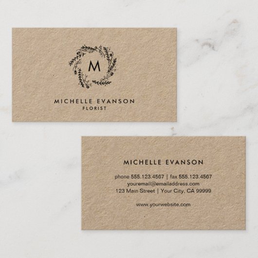 Rustic Monogram Black Floral Wreath Kraft Florist 名刺 (正面/裏面)
