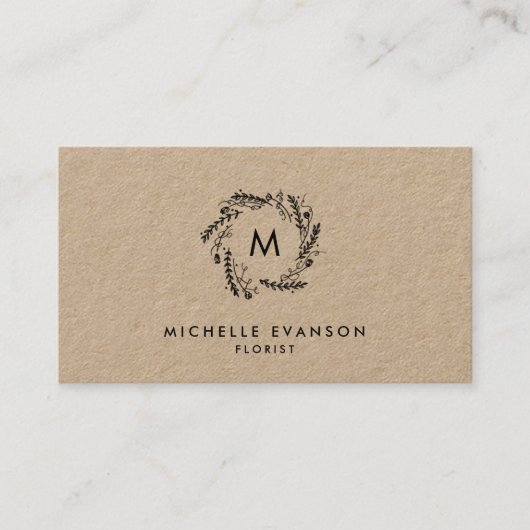 Rustic Monogram Black Floral Wreath Kraft Florist 名刺 (正面)