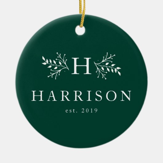 Rustic monogram hunter green newlywed photo セラミックオーナメント (正面)