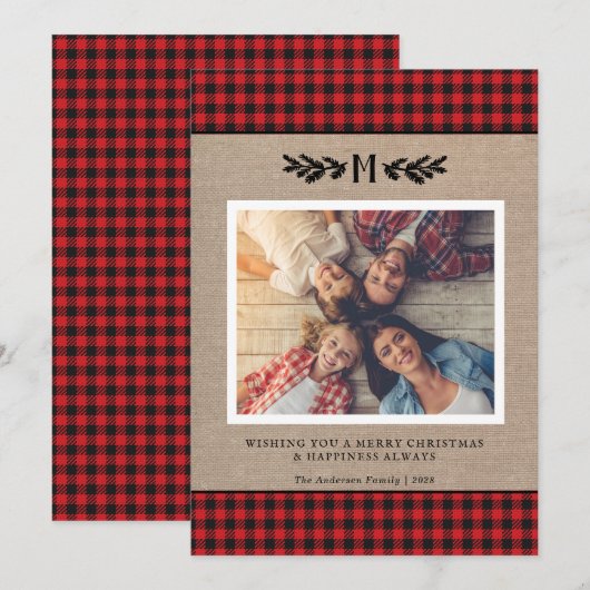 Rustic Monogram Photo Christmas Card シーズンカード (正面/裏面)