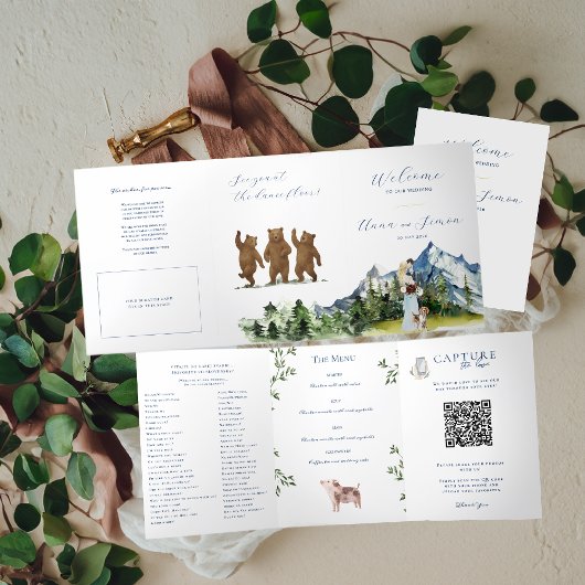 Rustic Mountain Blue & Gold | 結婚式プログラム 三つ折り招待状