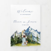 Rustic Mountain Blue & Gold | 結婚式プログラム 三つ折り招待状 (カバー)