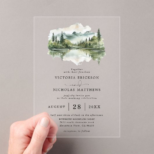 Rustic Mountain Forest Lake Budget QR Code Wedding アクリル招待状 (インサイチュ (ポータブル))