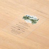 Rustic Mountain Forest Lake Budget QR Code Wedding アクリル招待状 (レイダウン)