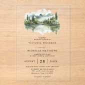 Rustic Mountain Forest Lake Budget QR Code Wedding アクリル招待状 (正面)