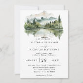 Rustic Mountain Forest Lake Budget QR Code Wedding 招待状 (正面)