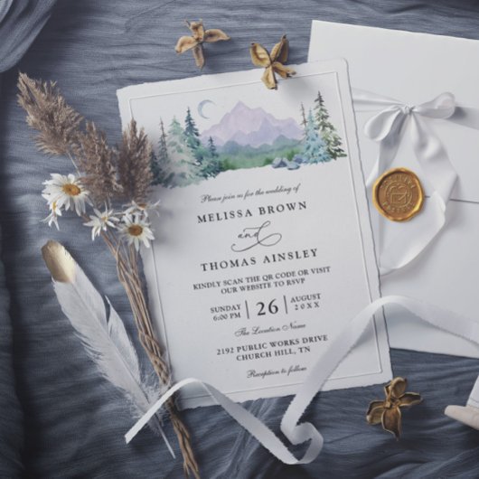 Rustic Mountain Forest Landscape QR Code Wedding 招待状