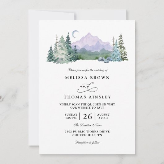 Rustic Mountain Forest Landscape QR Code Wedding 招待状 (正面)