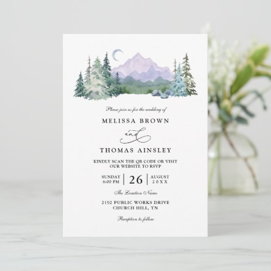 Rustic Mountain Forest Landscape QR Code Wedding 招待状 (スタンド正面)