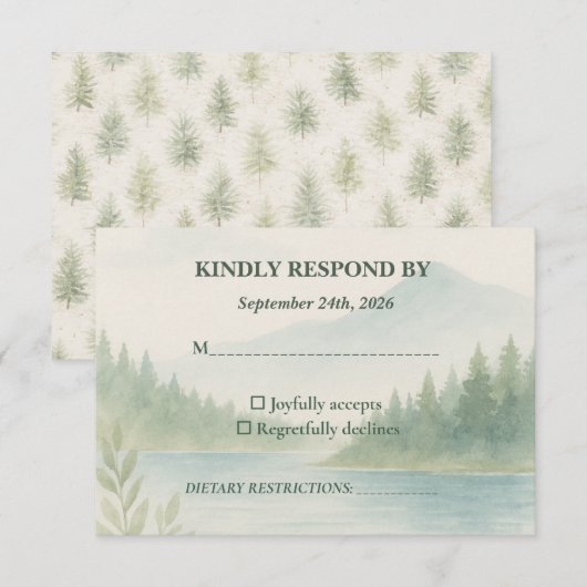 Rustic Mountain Forest Watercolor Wedding RSVP  (正面/裏面)