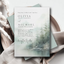 Rustic Mountain Lake Misty Pines Modern Wedding 招待状