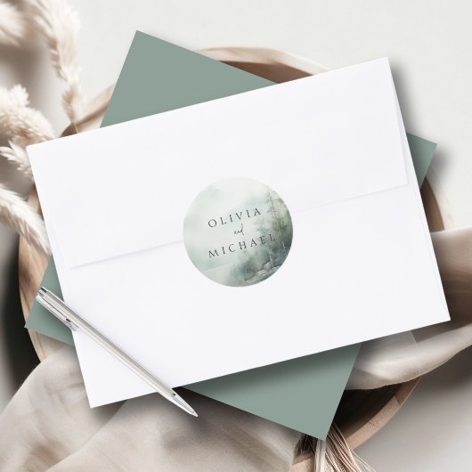 Rustic Mountain Lake Misty Pines Wedding ラウンドシール