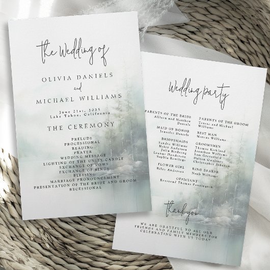 Rustic Mountain Lake Misty Pines Wedding Program チラシ