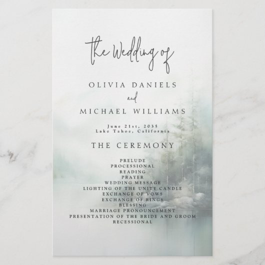 Rustic Mountain Lake Misty Pines Wedding Program チラシ (正面)