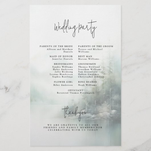 Rustic Mountain Lake Misty Pines Wedding Program チラシ (裏面)