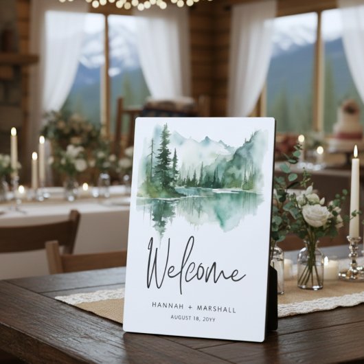 Rustic Mountain Lake Scene Watercolor Wedding フォトプラーク