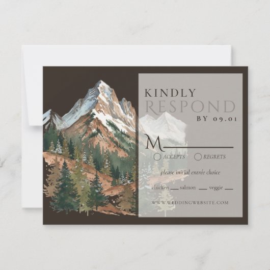 Rustic Mountain Landscape Watercolor Wedding QR  出欠カード (正面)