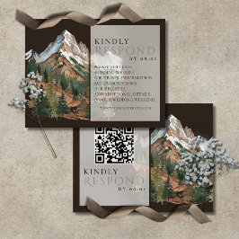 Rustic Mountain Landscape Watercolor Wedding QR  出欠カード