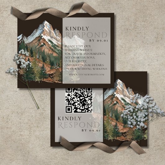 Rustic Mountain Landscape Watercolor Wedding QR  出欠カード