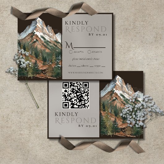 Rustic Mountain Landscape Watercolor Wedding QR  出欠カード