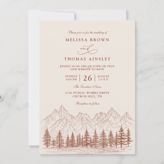 Rustic Mountain Pine Terracotta QR Code Wedding 招待状 (正面)