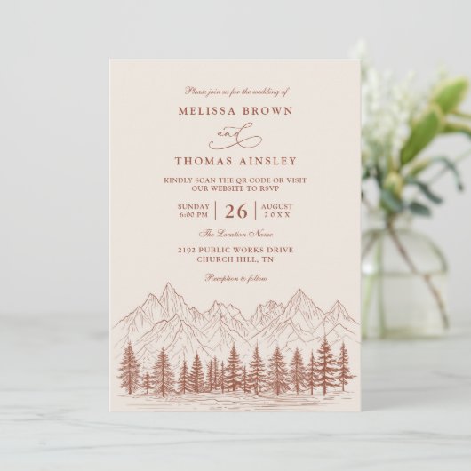 Rustic Mountain Pine Terracotta QR Code Wedding 招待状 (スタンド正面)
