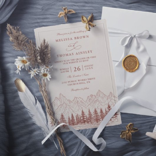 Rustic Mountain Pine Terracotta QR Code Wedding 招待状