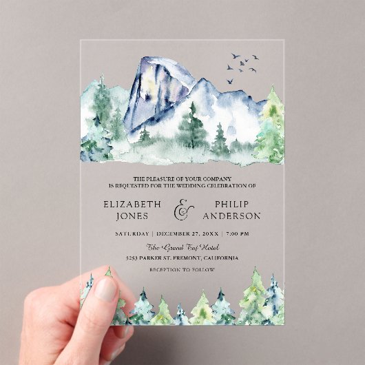 Rustic Mountain Pine Trees Forest Wedding アクリル招待状 (インサイチュ (ポータブル))